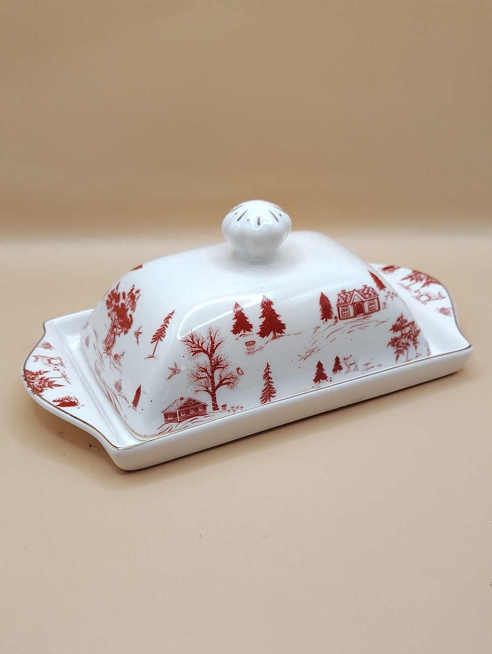 Grace Teaware Winter Village Butter Dish w Lid 8x4 Toile Christmas Porcelain Red